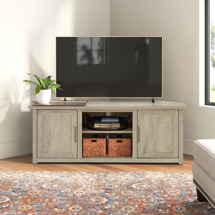 Frosted Oak Corner TV Stand with Cabinets and Brass Hardware