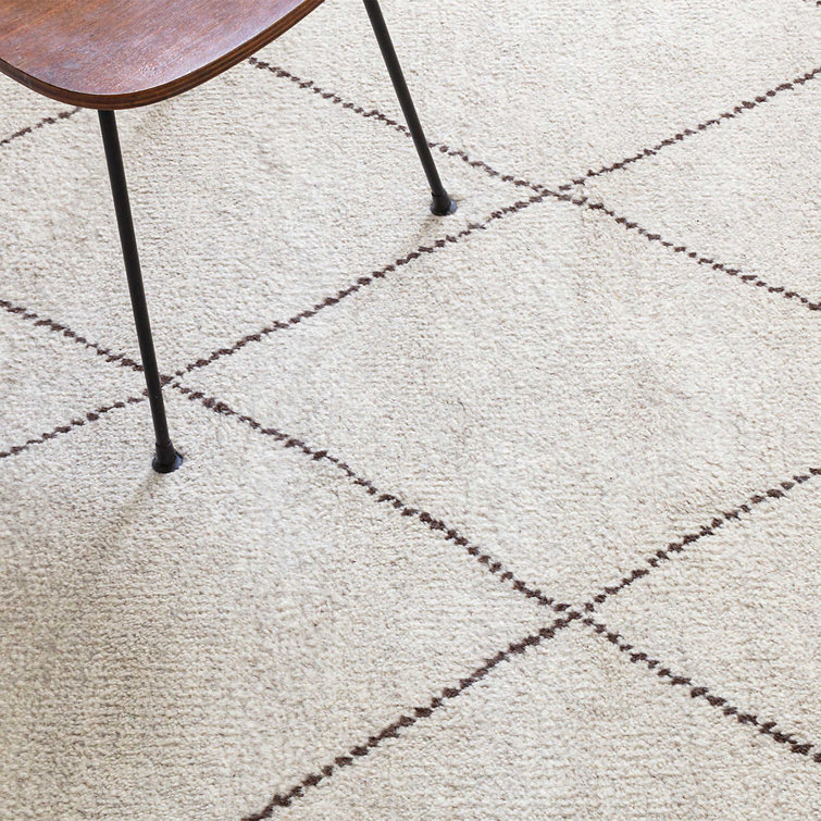 Ivory and Black Geometric Hand-Knotted Wool Blend 8' x 10' Rug