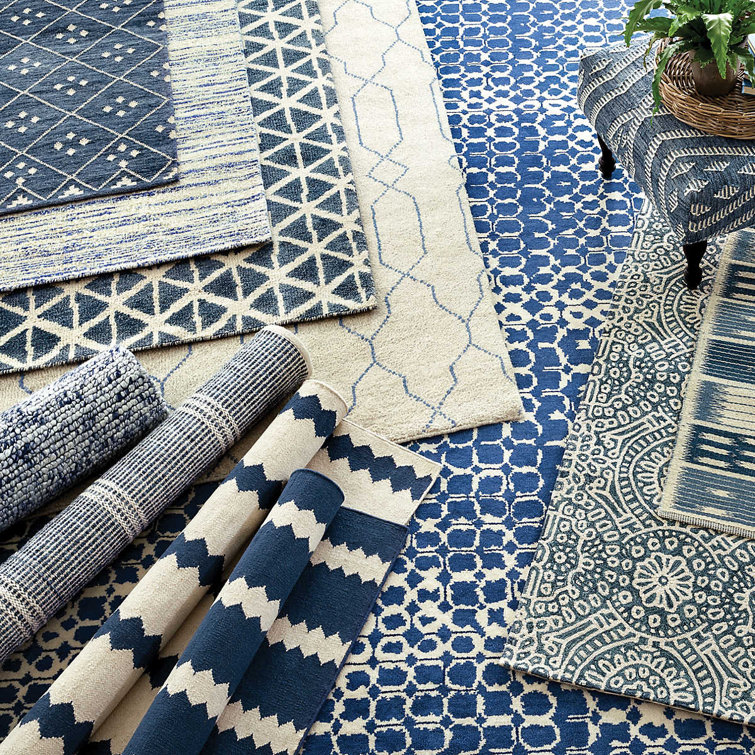 Indigo Ivory Geometric Hand-Knotted Wool Blend Rug