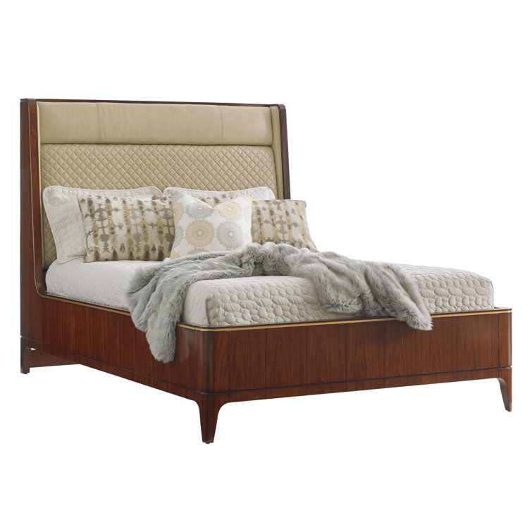 Beige and Brown Queen Upholstered Leather Bed with Metal Frame