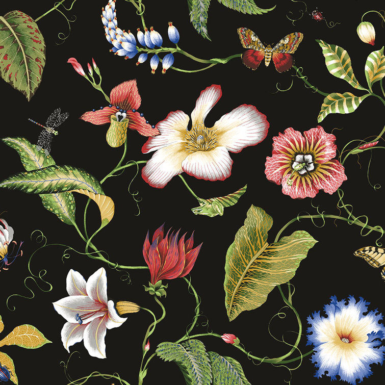 Jet Black Floral Peel and Stick Vinyl Wallpaper