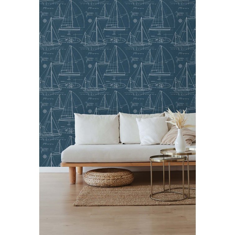 Navy Yacht Club Blueprint Peel and Stick Wallpaper