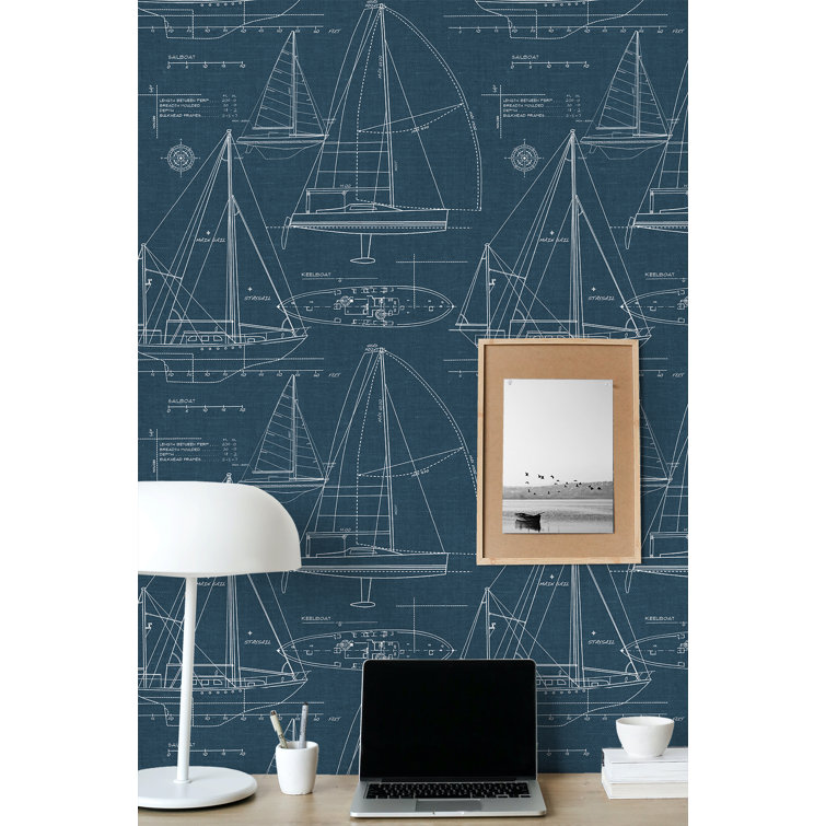 Navy Yacht Club Blueprint Peel and Stick Wallpaper
