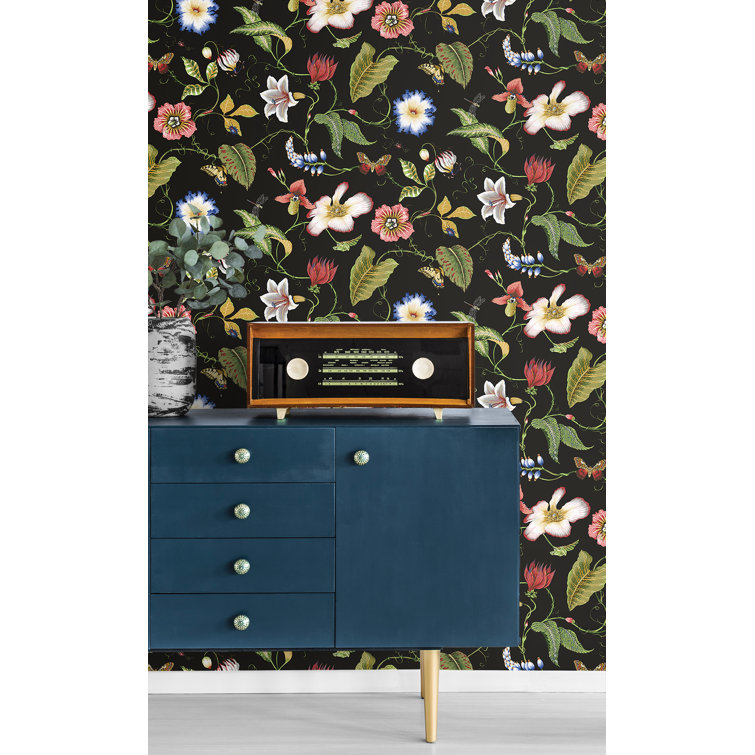 Jet Black Floral Peel and Stick Vinyl Wallpaper