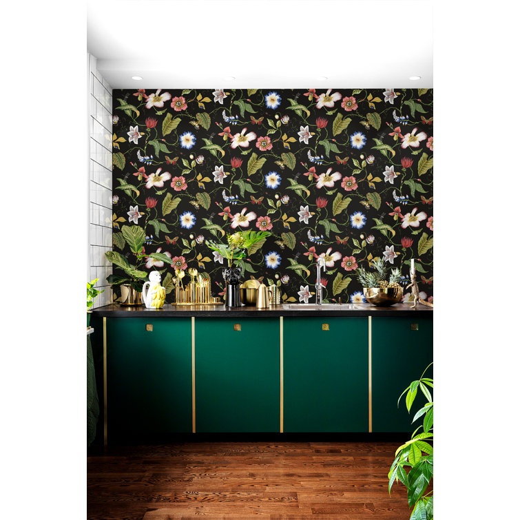 Jet Black Floral Peel and Stick Vinyl Wallpaper