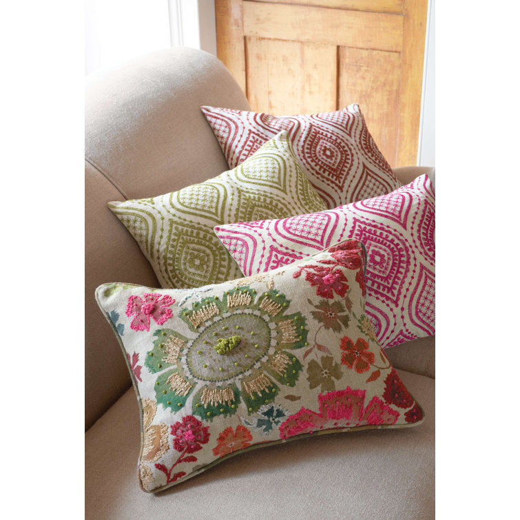 Floral Embroidered Linen Lumbar Pillow with Piped Edges