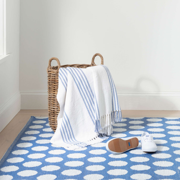 Hand Woven French Blue Cotton Throw with Knotted Fringe