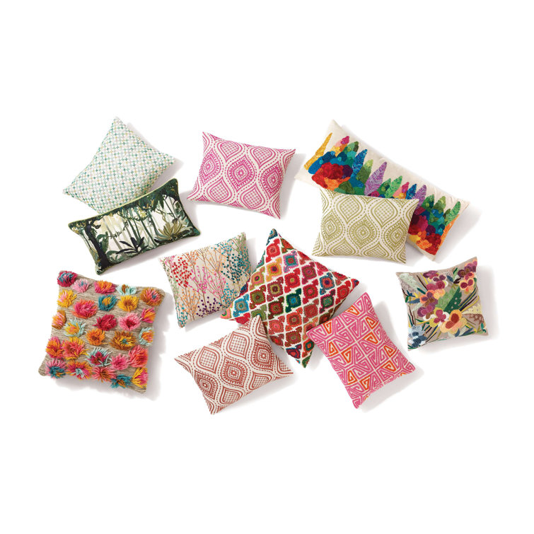 Multicolor Wool Blend Square Throw Pillow with Pom-Poms