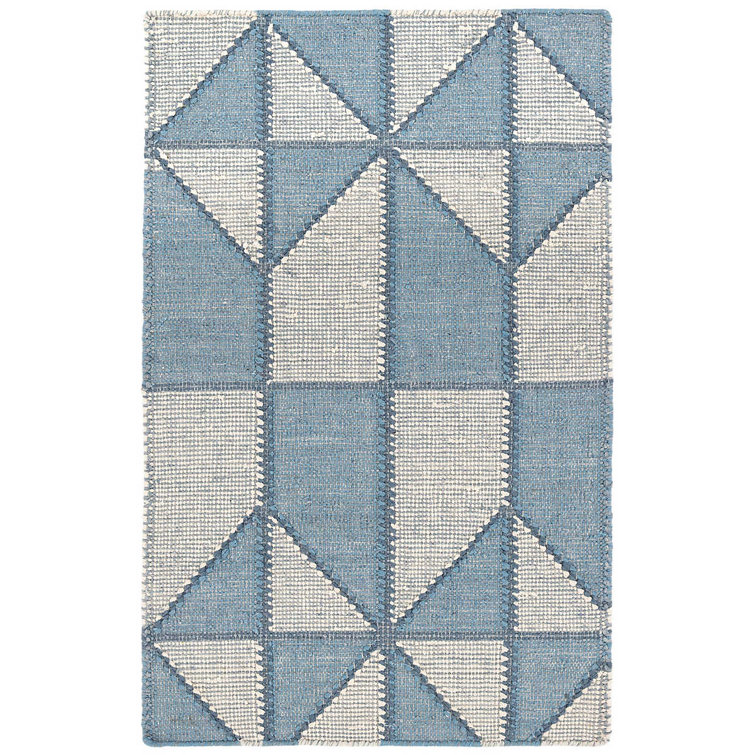 Blue and White Handwoven Cotton Wool Geometric Diamond Rug, 8' x 10'