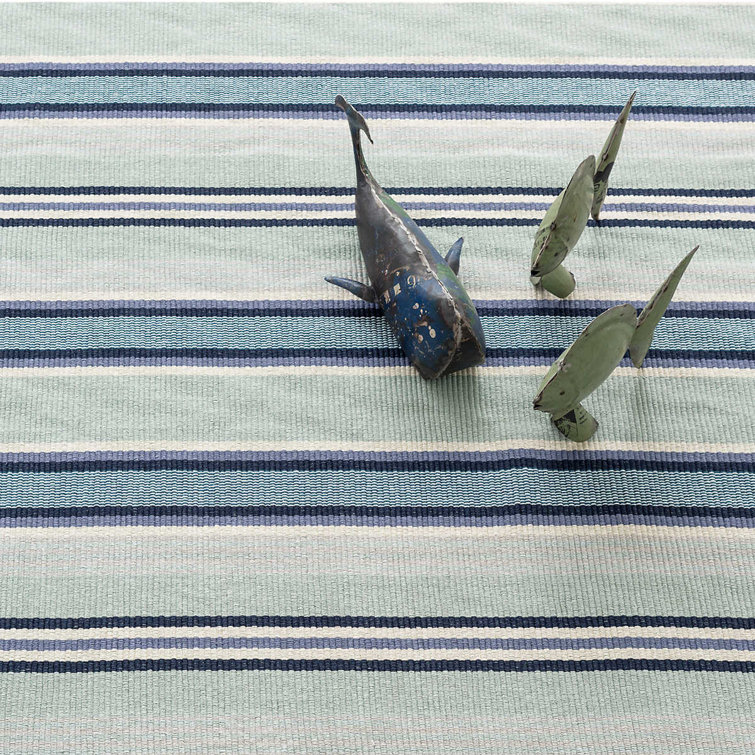 Blue and Green Stripe Handwoven Cotton Rug, 2' x 3'