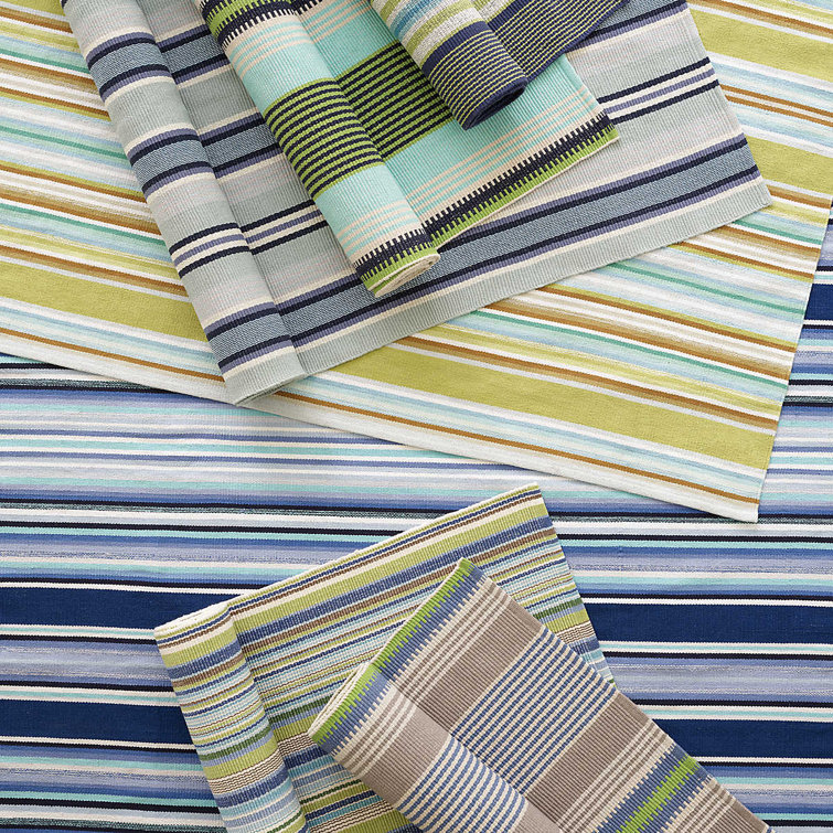 Blue and Green Stripe Handwoven Cotton Rug, 2' x 3'