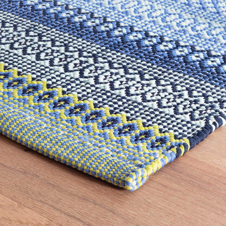 French Blue/Green Striped Synthetic Indoor/Outdoor Rug 2.5ft x 8ft