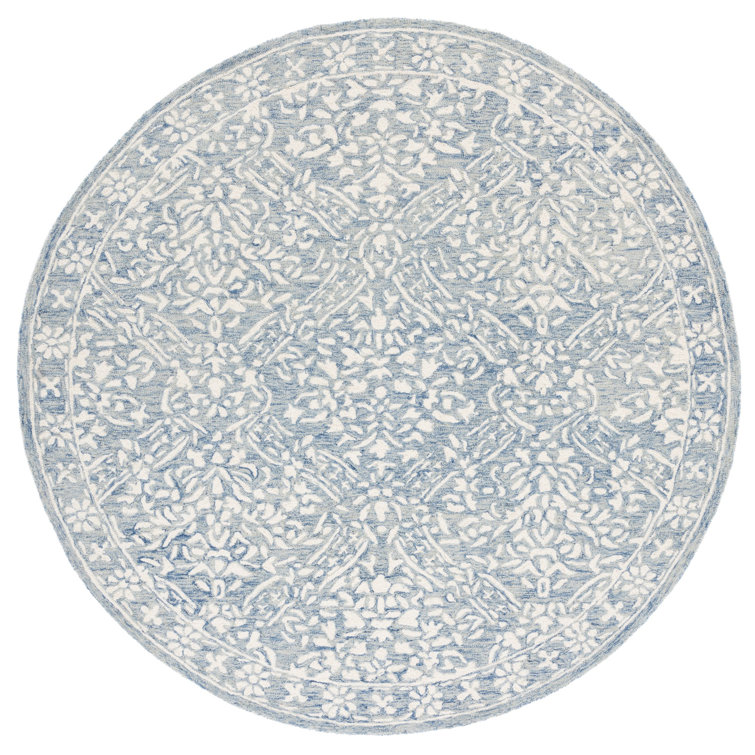 Handmade Tufted Floral Wool Round Rug - 7' Blue/Ivory