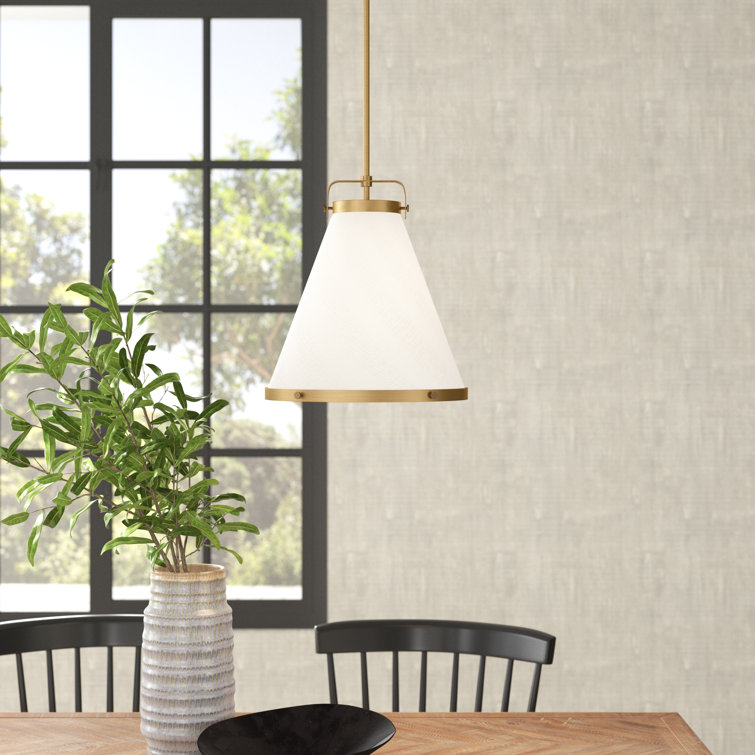 Lacquered Brass and Off-White Single Cone Pendant Light