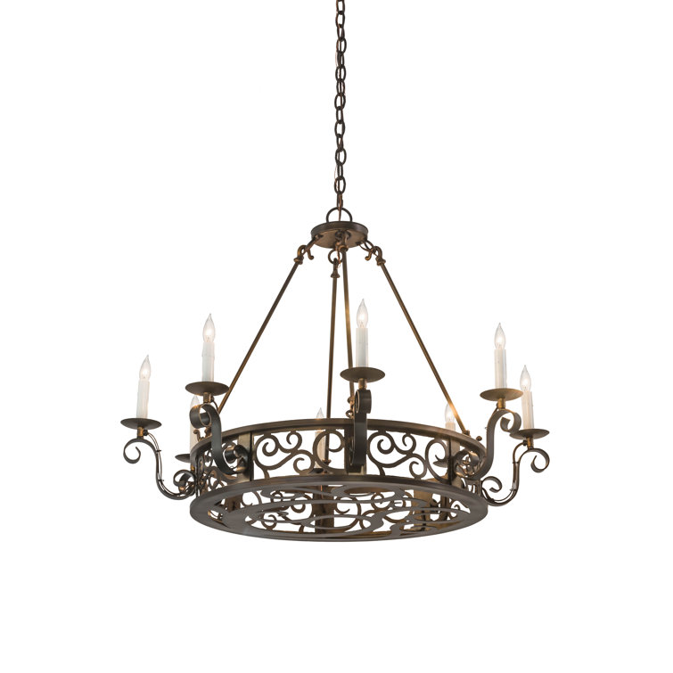 Antique Copper 8-Light Candle Chandelier with Glass Shades