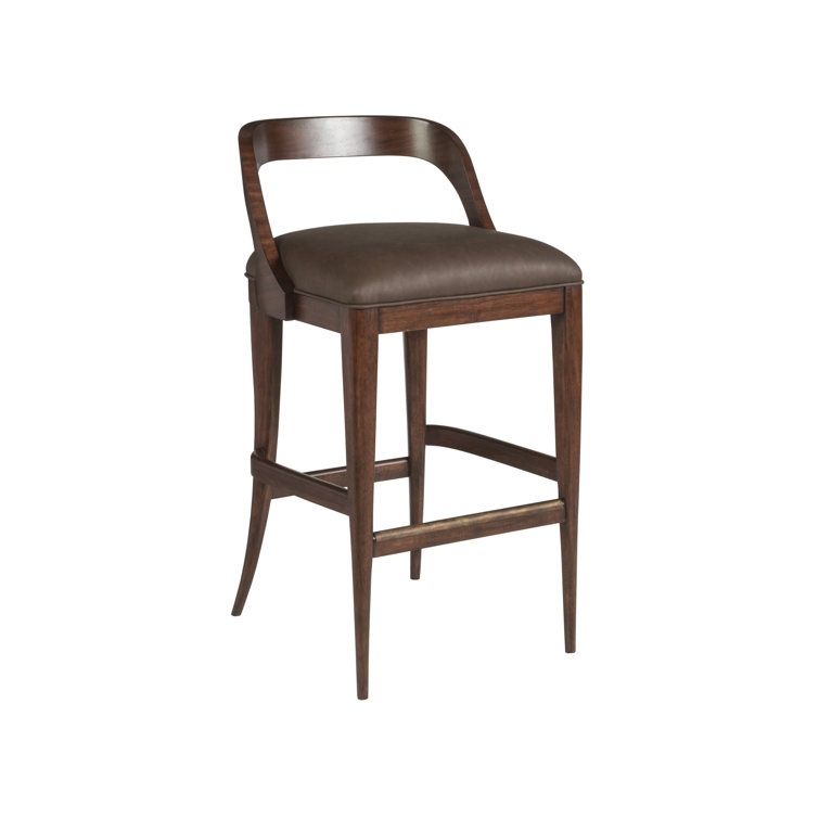 Walnut Finish Traditional Low Back Bar Stool in Brown Leather