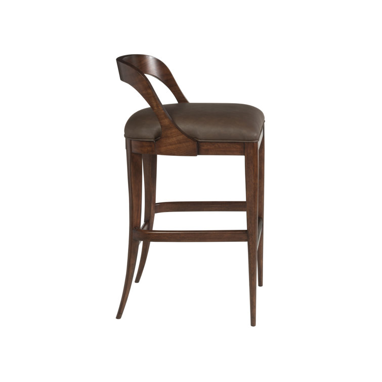 Walnut Finish Traditional Low Back Bar Stool in Brown Leather