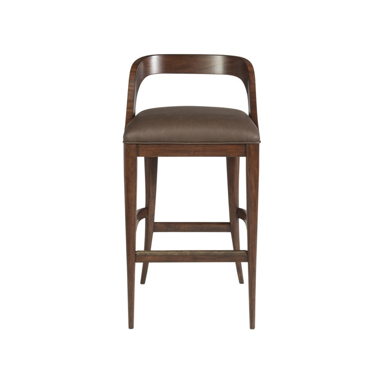 Walnut Finish Traditional Low Back Bar Stool in Brown Leather