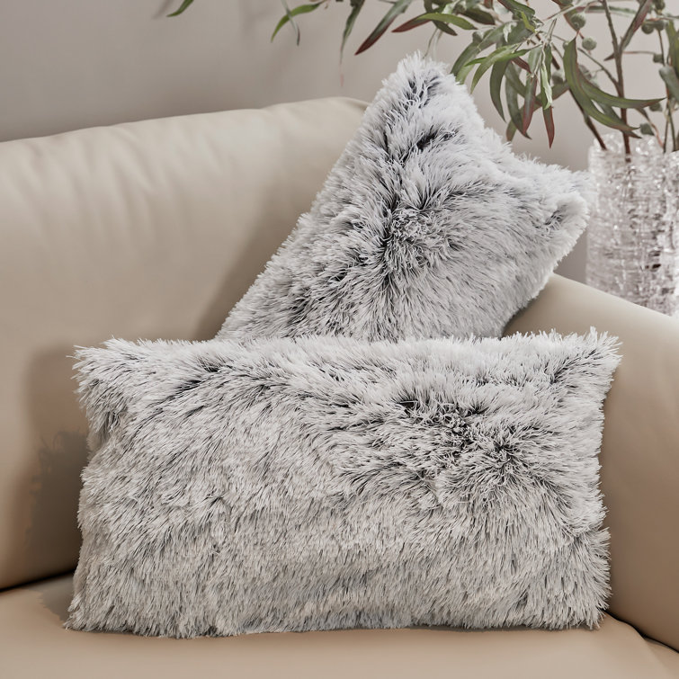 Gray Faux Fur Lumbar Pillow Set for Rustic Decor