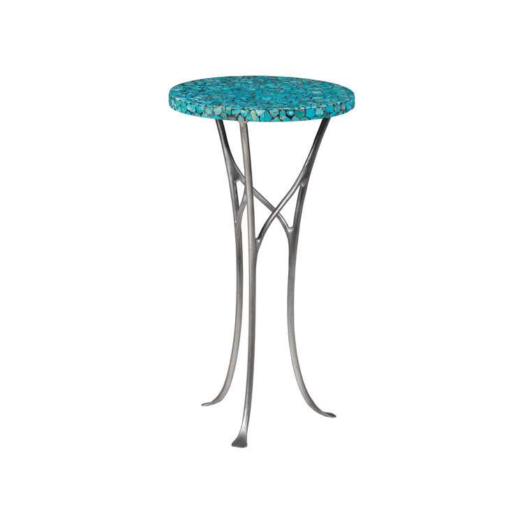 Transitional Pewter Iron Base Round Table with Turquoise Resin Top