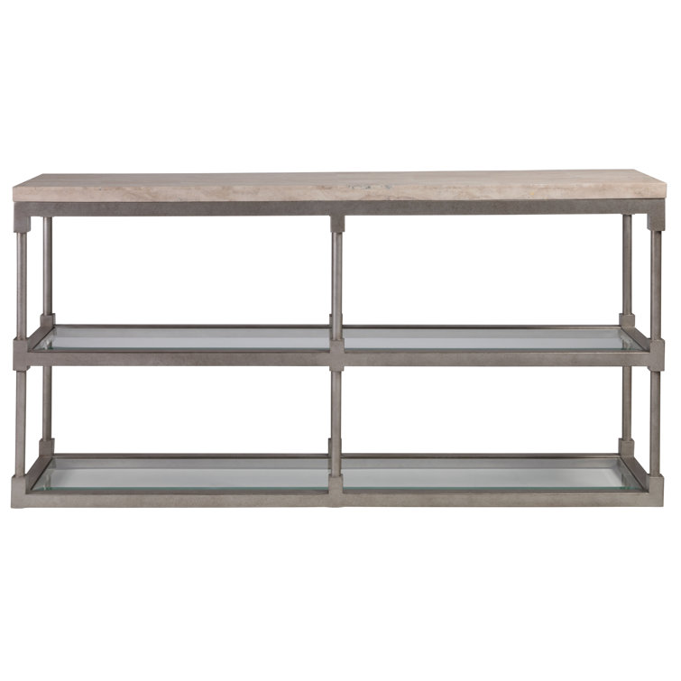 Topa 66'' Beige Travertine and Silver Metal Console Table with Glass Shelf