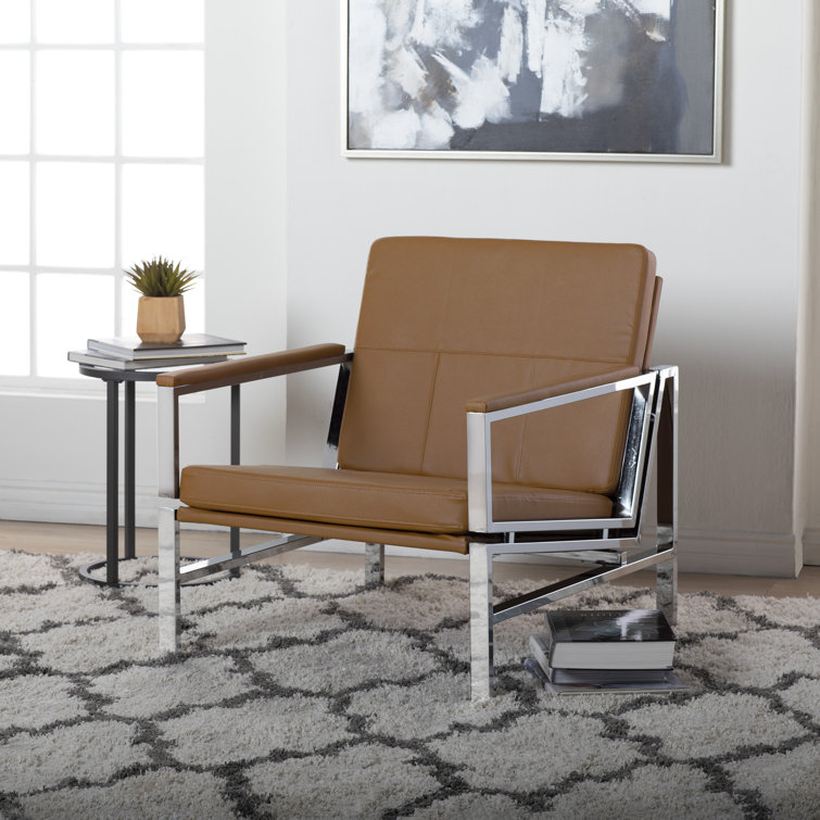 Sleek Chrome Frame Accent Chair with Caramel Faux Leather