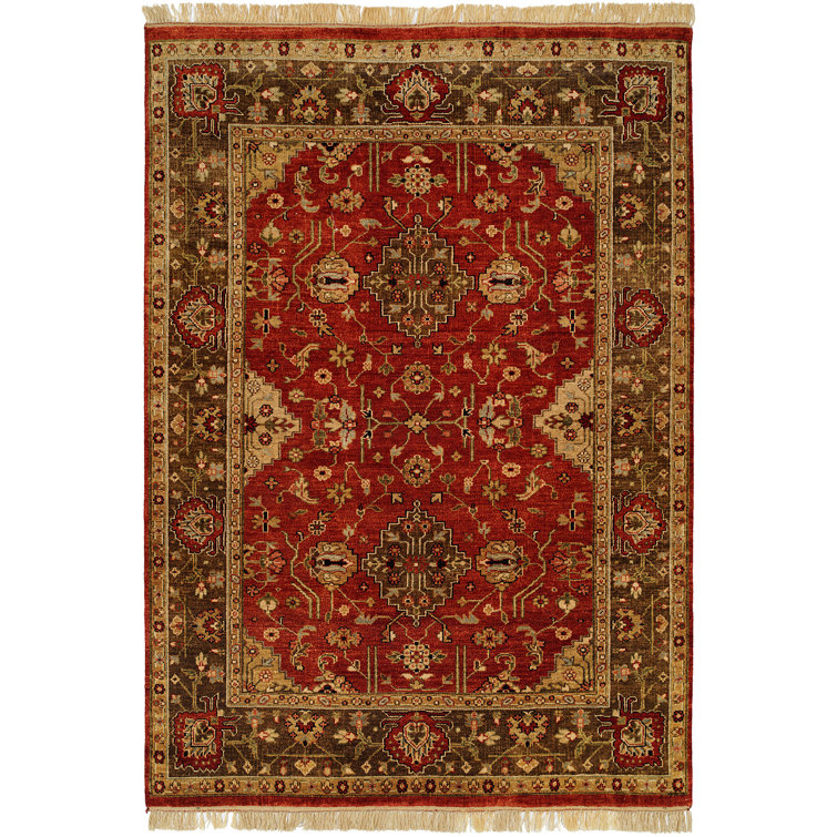 Handmade Red Wool Oriental Rug with Cotton Tassels