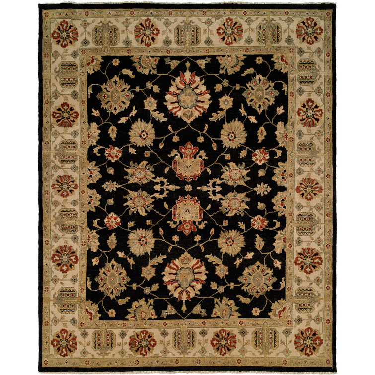 Hand-Knotted Black Wool Oriental Rug with Tassels