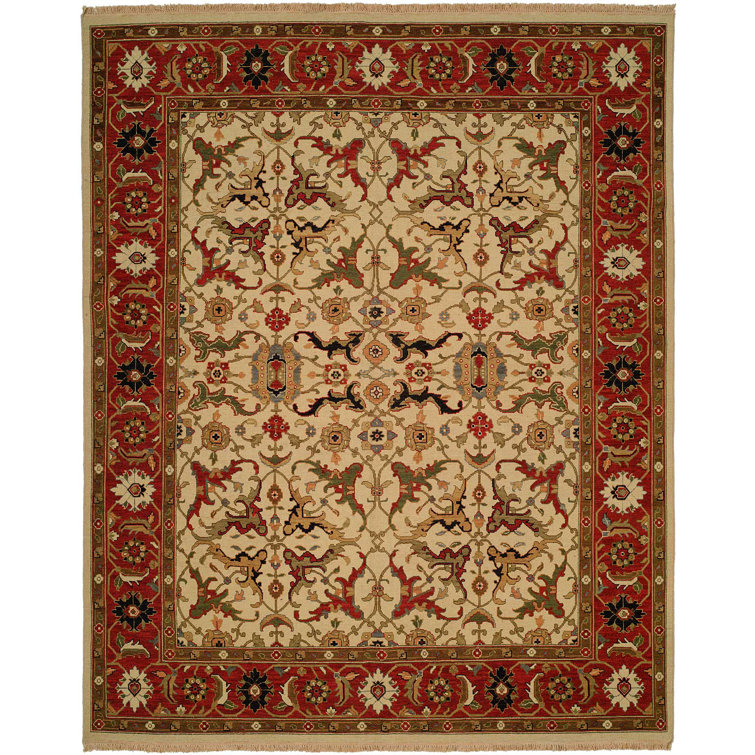 Handmade Ivory and Red Wool Oriental Area Rug 12' x 15'
