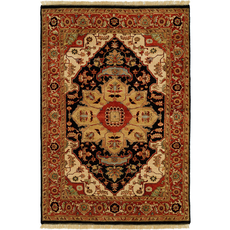 Hand-Knotted Black and Rust Wool Oriental Rug, 4' x 6'