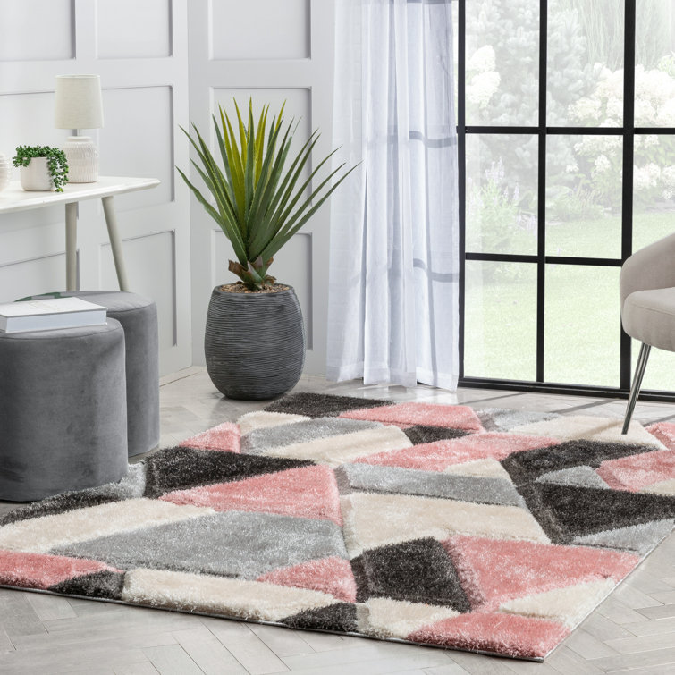 Blush and Gray Geometric Shag Area Rug 5' x 7'