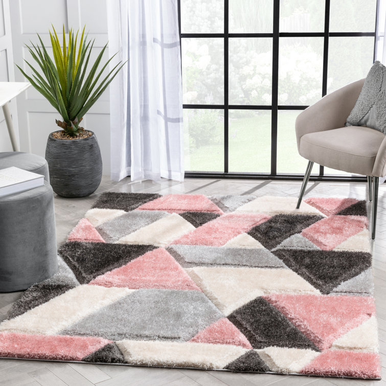 Blush and Gray Geometric Shag Area Rug 5' x 7'