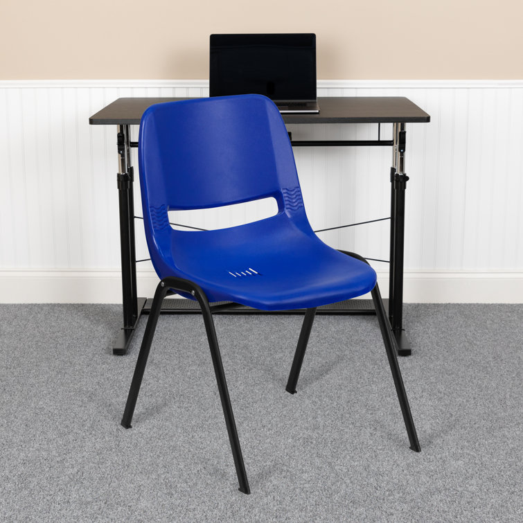 Blue Ergonomic Mid-Back Stacking Chair with Black Metal Frame