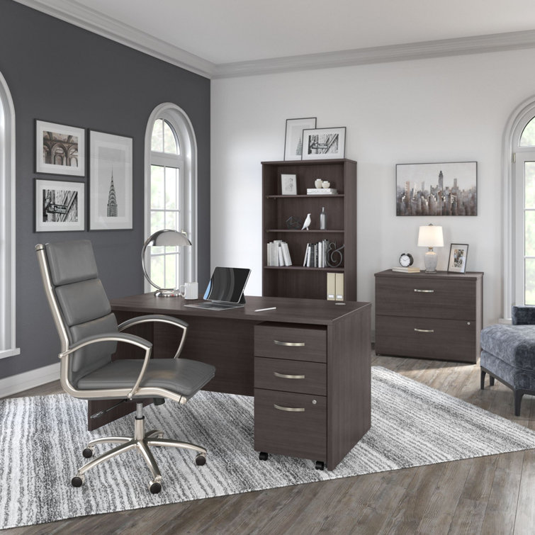 Studio C Transitional Storm Gray Home Office Desk with Filing Cabinet