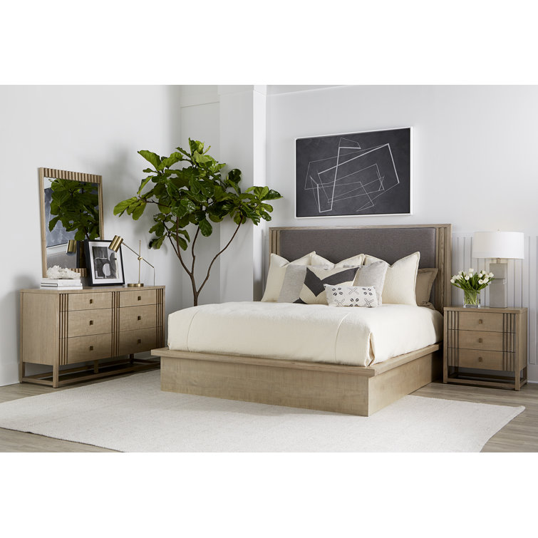 Shale Grey King-Sized Wood Frame Bed with Upholstered Headboard