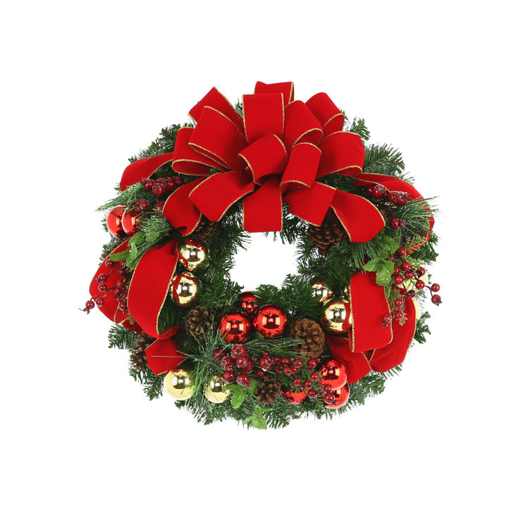Festive Red and Gold Ribbon Pine Holiday Wreath