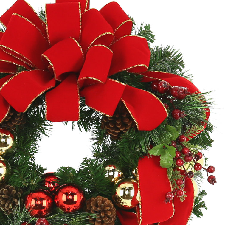 Festive Red and Gold Ribbon Pine Holiday Wreath