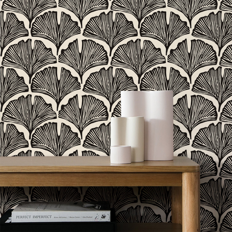 Black and White Feather Palm Peel and Stick Wallpaper Roll