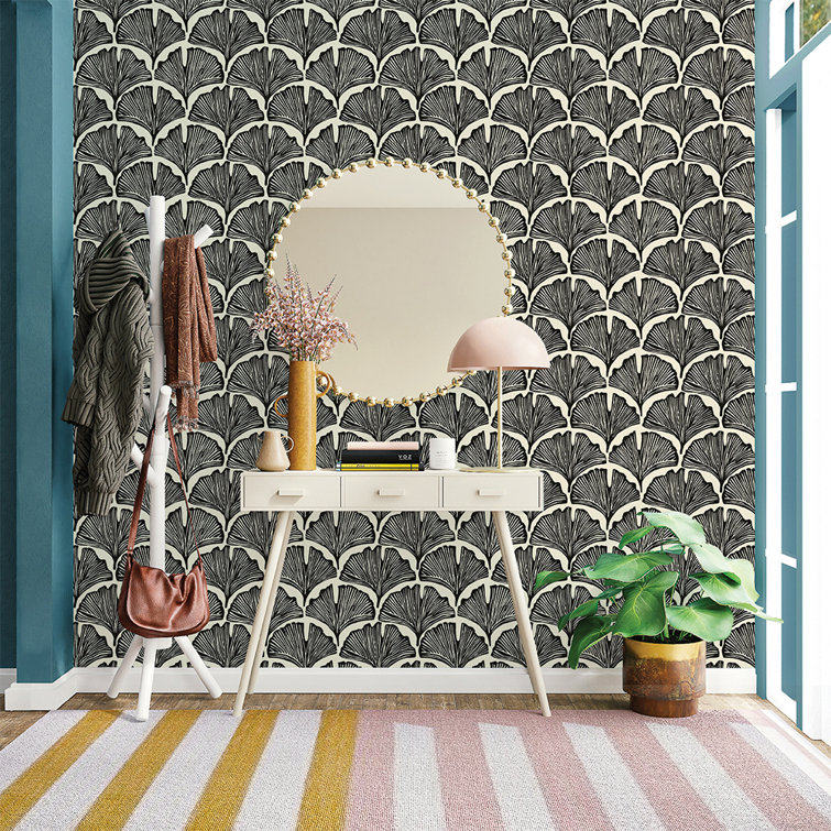 Black and White Feather Palm Peel and Stick Wallpaper Roll