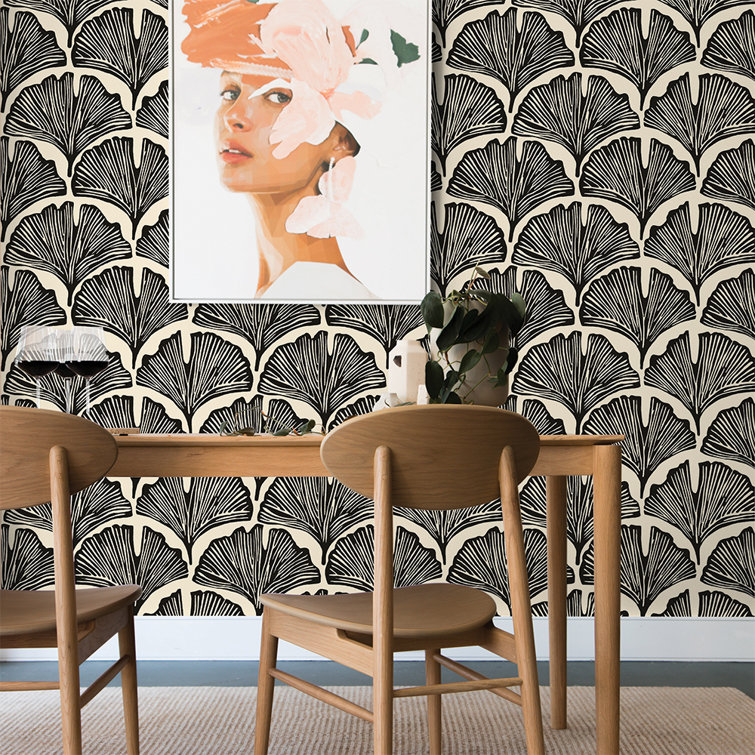 Black and White Feather Palm Peel and Stick Wallpaper Roll
