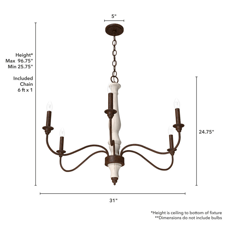 Distressed White Metal 6-Light Candle Chandelier