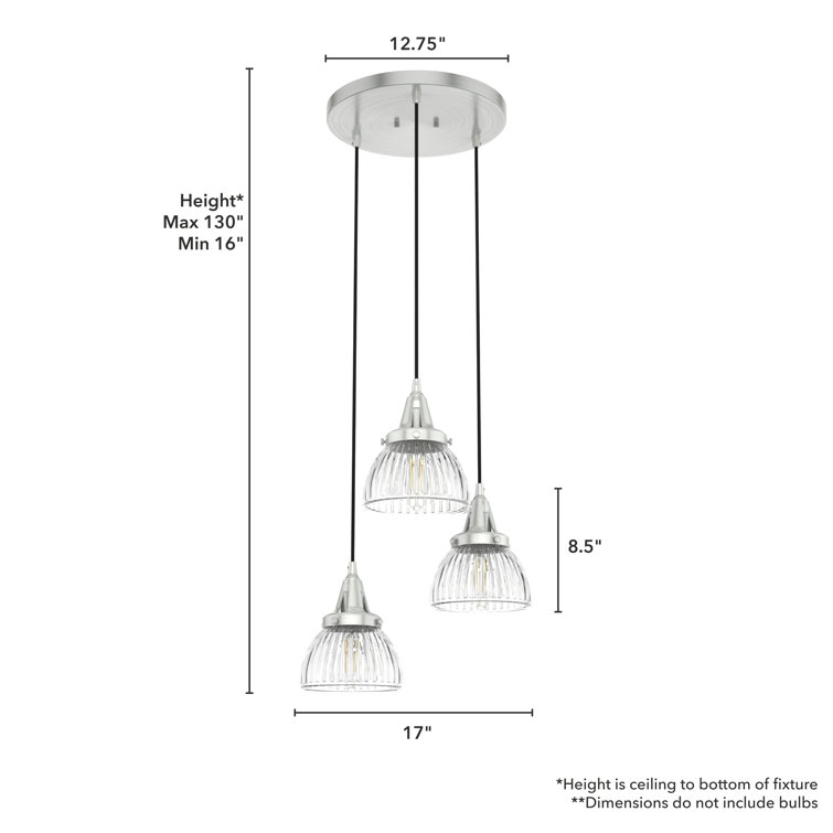 Brushed Nickel 3-Light Cluster Pendant with Fluted Glass Shades