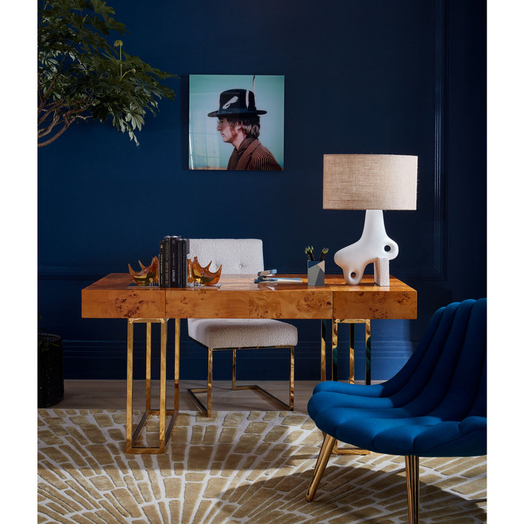 Bond Executive White Burled Mappa Desk with Polished Brass Base