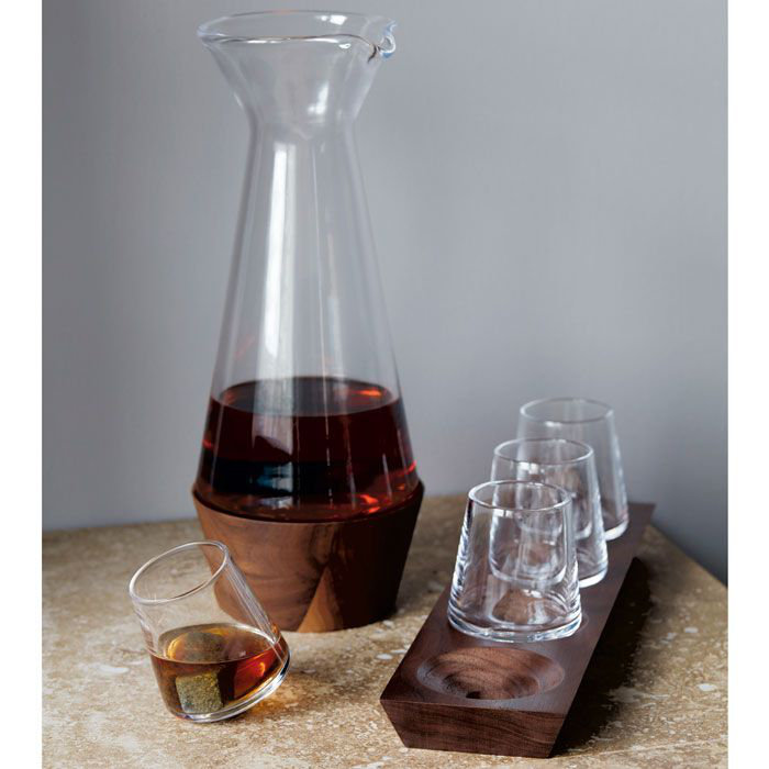Handblown Crystal Whiskey Glass Set with Walnut Base