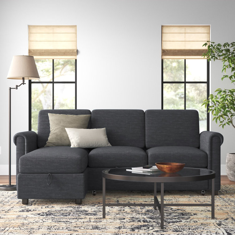 Charcoal Fabric Sectional with Storage and Rolled Arms