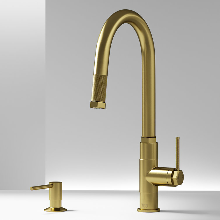 Matte Brushed Gold 18" Stainless Steel Pull-Down Kitchen Faucet with Soap Dispenser
