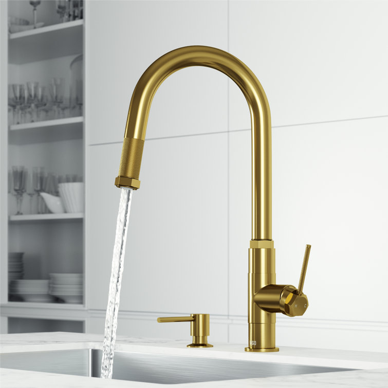 Matte Brushed Gold 18" Stainless Steel Pull-Down Kitchen Faucet with Soap Dispenser