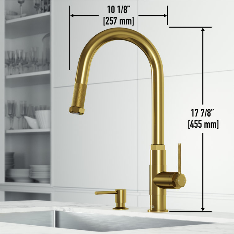 Matte Brushed Gold 18" Stainless Steel Pull-Down Kitchen Faucet with Soap Dispenser