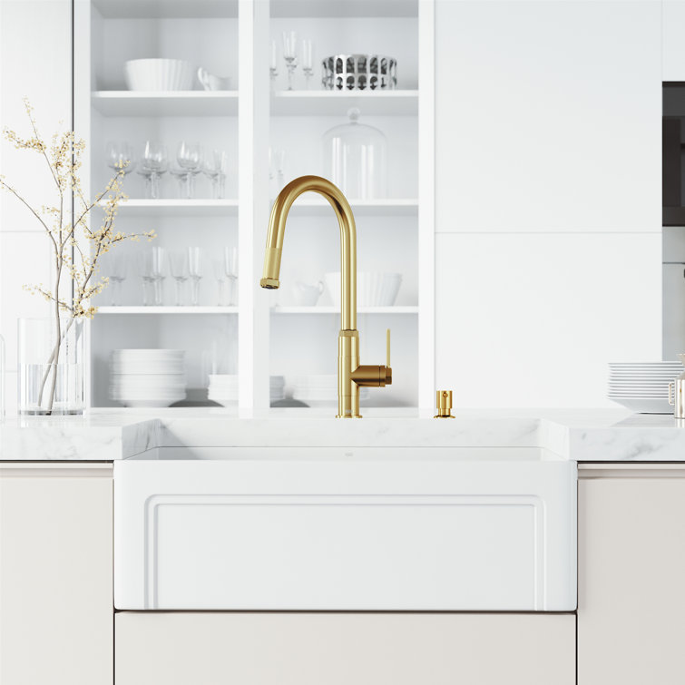 Matte Brushed Gold 18" Stainless Steel Pull-Down Kitchen Faucet with Soap Dispenser
