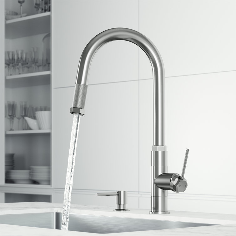 Hart Arched Stainless Steel Pull-Down Kitchen Faucet with Soap Dispenser